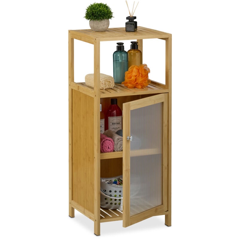 Meuble de salle de bain, HxLxP: 87,5 x 36,5 x 35 cm, colonne toilette étroite, 2 étagères, avec porte, nature - Relaxdays