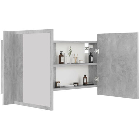Armoire de salle de bain à miroir à LED Gris béton 90x12x45