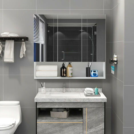 Armoire de salle de bain à miroir avec 3 portes et étagères réglables en MDF, 70 x 15,5 x 63 cm