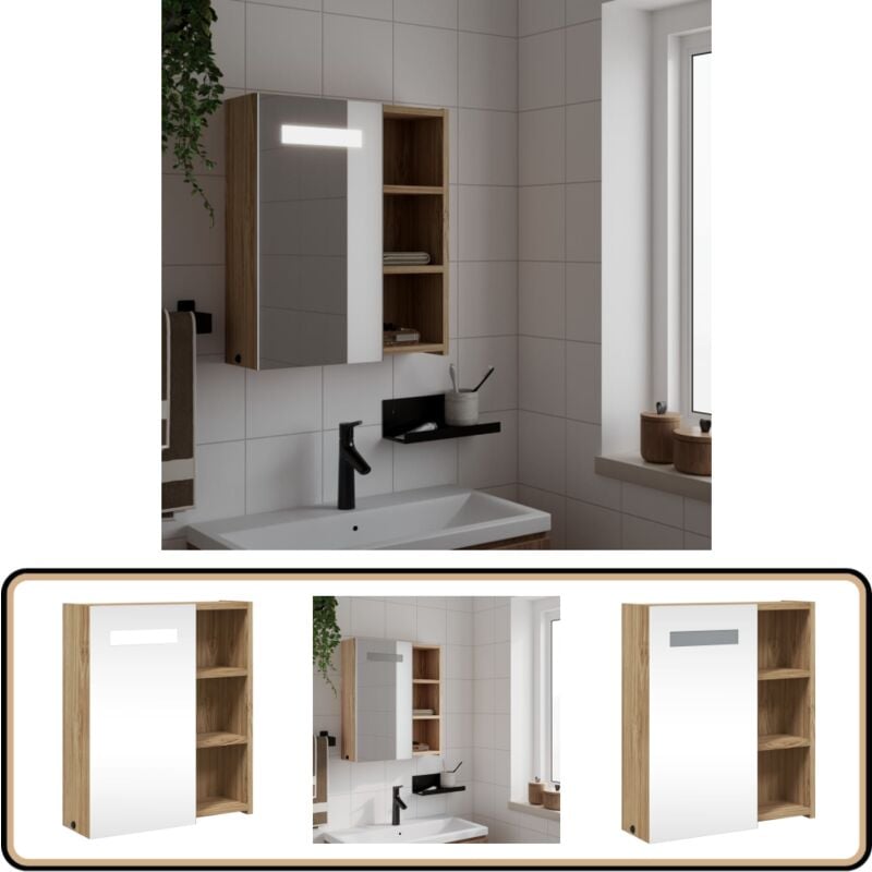 Armoire de salle de bain à miroir avec led chêne 45x13x52 cm - Armoire De Salle De Bain - Meuble Lavabo - Armoire Miroir - Luminaire Led - Rangement