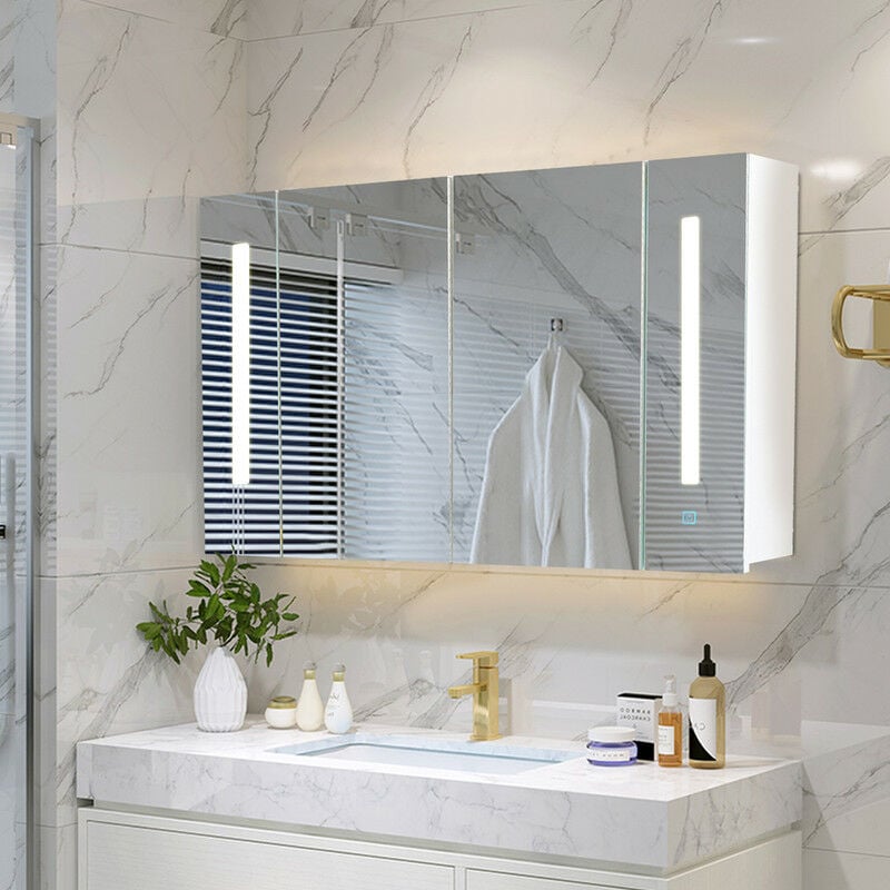 Armoire de salle de bain à miroir avec lumières led lumineuses, étagères de rangement réglables, Armoire étanche à 2 portes