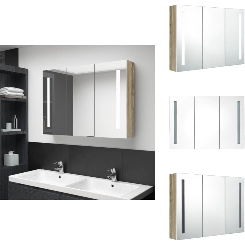 Armoire de salle de bain à miroir led 89x14x62cm blanc et chêne - Meuble De Salle De Bain - Armoire De Salle De Bain - Miroir Lumineux - Éclairage
