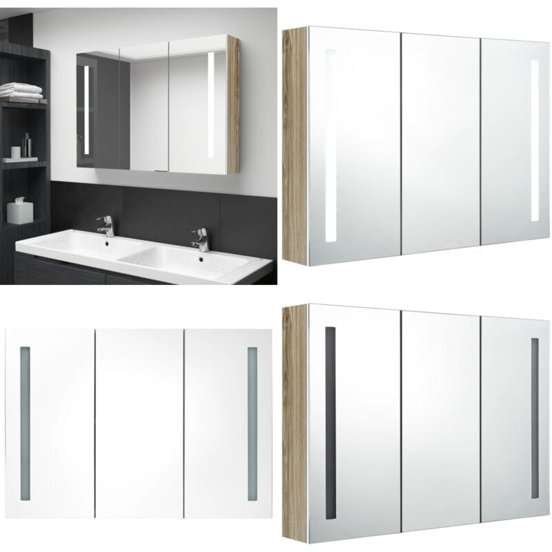 Armoire de salle de bain à miroir LED 89x14x62cm blanc et chêne - Meuble De Salle De Bain - Armoire De Salle De Bain - Miroir Lumineux - Éclairage