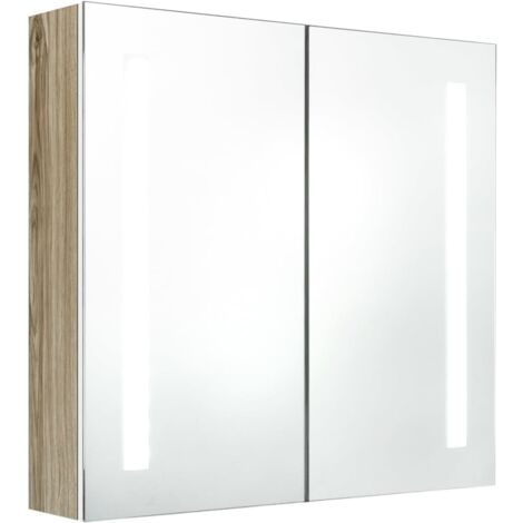 Armoire de salle de bain à miroir LED Armoire de rangement Placard de Rangement Toilettes Blanc et chêne 62x14x60cm RTJEX822700