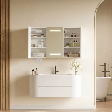 Armoire de salle de bain à miroir LED Désembuage,étagères réglables,Prise et USB,sortie de mouchoirs intégrée,Placard Mural Blanc