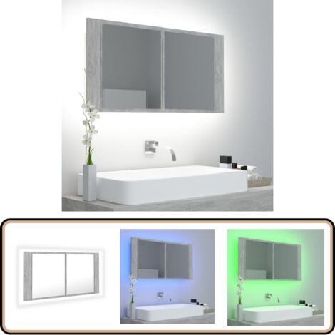 Armoire de salle de bain à miroir LED Gris béton Acrylique - Armoire Salle De Bain - Meuble Salle De Bain - Miroir Led - Éclairage Rvb - Rangement Salle De Bain