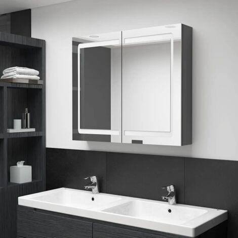 Armoire de salle de bain à miroir LED, Meuble de Rangement, Placard de Rangement Toilettes Gris 80x12x68 cm MJU78805