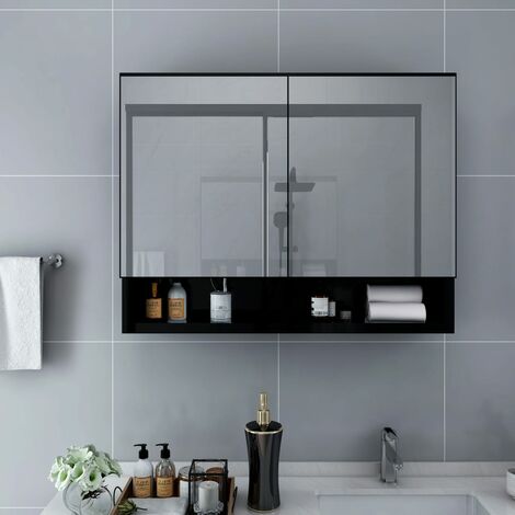 Armoire de salle de bain à miroir LED, Meuble de Rangement, Placard de Rangement Toilettes Noir 80x15x60 cm MDF MJU53699