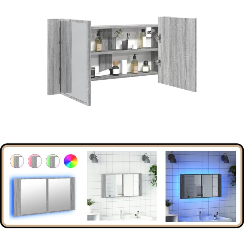 Armoire de salle de bain à miroir led sonoma gris 90x12x45 cm - Armoire à Miroir - Meuble Salle De Bain - Éclairage Led - Miroir Lumineux - Rangement