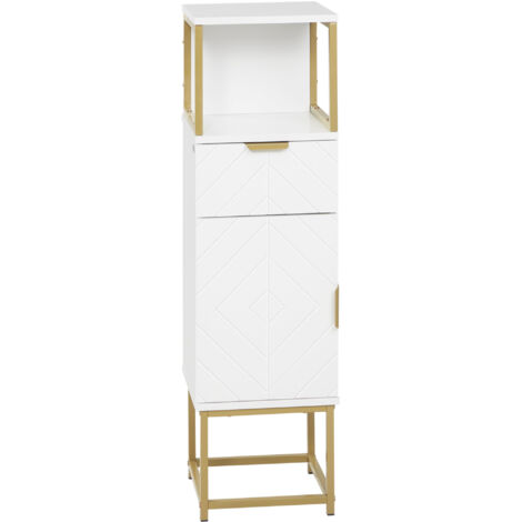 Armoire de salle de bain, Armoire à colonnes de salle de bain avec tiroir, armoire et étagère en bois et métal, 30x30x105cm, blanc