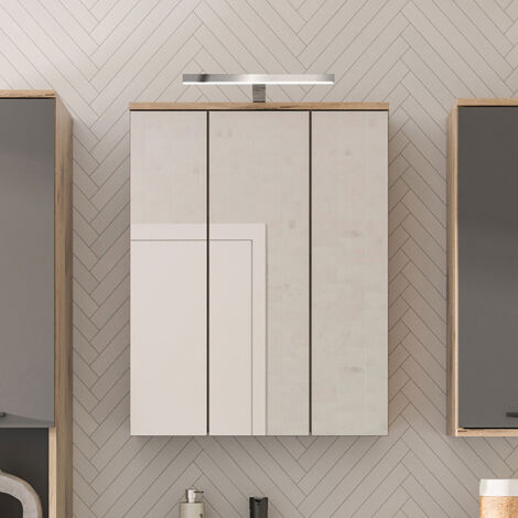 Armoire de salle de bain avec éclairage 3 portes décor chêne - MAZON