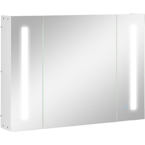 Armoire de salle de bain avec miroir, 3 placards, 3 étagères et éclairage LED, 90 x 15 x 65 cm, blanche