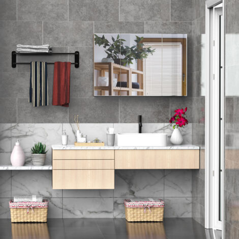 Armoire de salle de bain avec miroir, 3 portes à fermeture douce, miroir et étagères réglables, en bois et verre, 90 x 13,5 x 60 cm, coloris bois