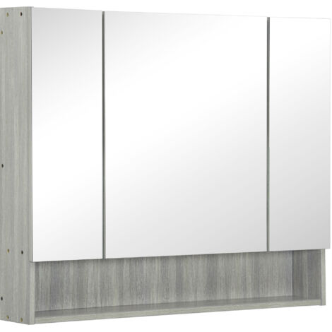 Armoire de salle de bain avec miroir 3 portes, étagères ajustables, dimensions 90x15x75 cm, couleur gris, rangement mural moderne