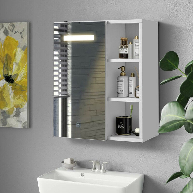 Armoire de salle de bain avec miroir à led - Blanc - 1 porte et placard de rangement ouvert - Étanche - Avec étagères