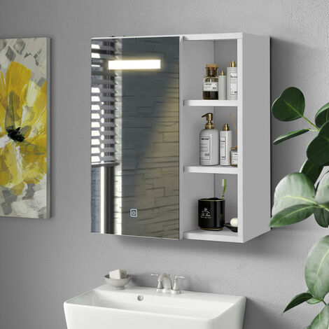 Armoire de salle de bain avec miroir à LED - Blanc - 1 porte et placard de rangement ouvert - Étanche - Avec étagères