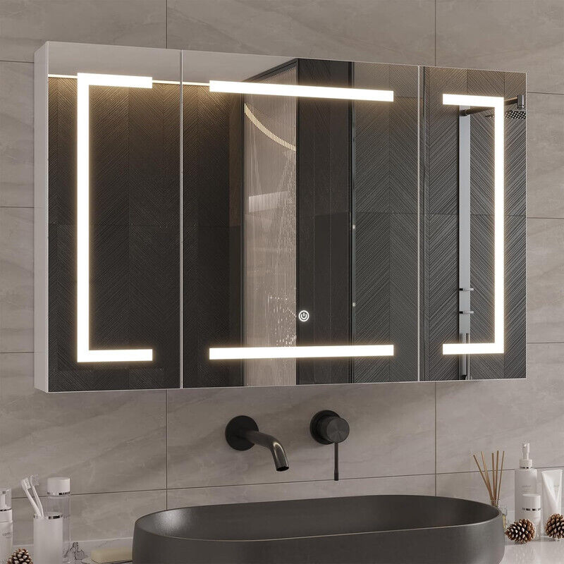 Armoire de toilette avec miroir, éclairage LED et prise, dimensions 90 x 16 x 60 cm, finition miroir en métal, étagères réglables, 3 couleurs de