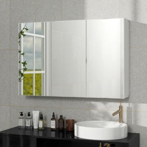 Armoire de salle de bain avec miroir, armoire de salle de bain avec 3 portes miroir, montage mural, 90 x 15,5 x 60 cm, panneau de particules, blanc