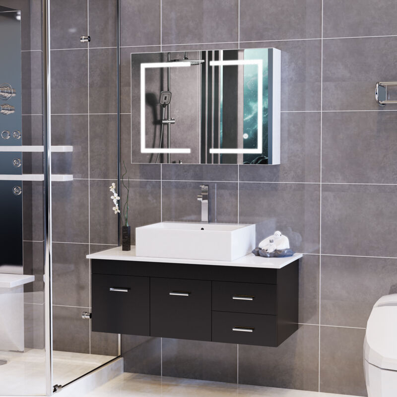 FOERPL-Armoire de salle de bain avec miroir, Armoire de Toilette Intelligente à LED éclairage Porte, miroir salle de bain avec rangement et Étagère