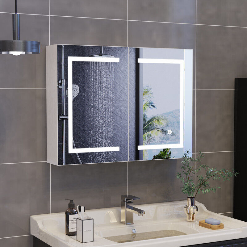 Sureh – Armoire murale de salle de bain 80x60cm – 2 portes – Éclairage LED 3 couleurs – Miroir avec prise et étagères réglables – Charnières à
