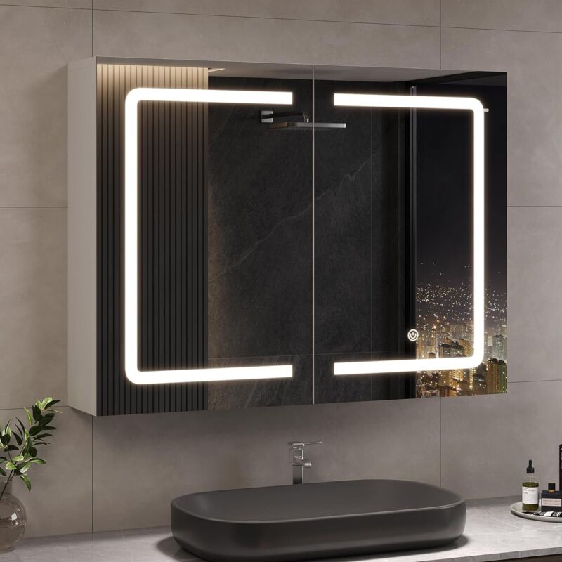 Armoire de Salle de Bain avec Miroir et LED éclairage Double Porte 80x16x60cm Armoire de Toilette Miroir avec Prise et Étagère Réglable,Température