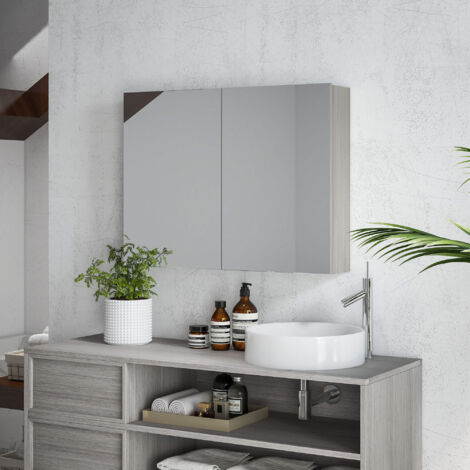 Armoire de salle de bain avec miroir, meuble de rangement mural, double portes et tablette ajustable, 80 cm, gris anthracite