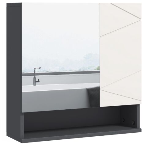 Armoire de salle de bain avec miroir, modèle à double porte, avec étagères en bois réglables, dimensions : 55 x 17 x 55 cm, gris.