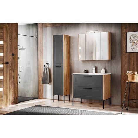OTITEC Armoire de salle de bain avec miroir murale - Chêne artisanal et graphite - L120-H72-P16 - MODERN