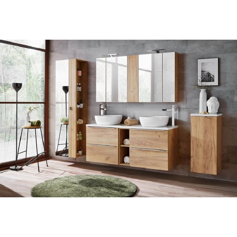 Armoire de salle de bain avec miroir murale - Chêne atisanal doré et noir mat - L80-H75-P16 - elena - Chêne artisanal doré