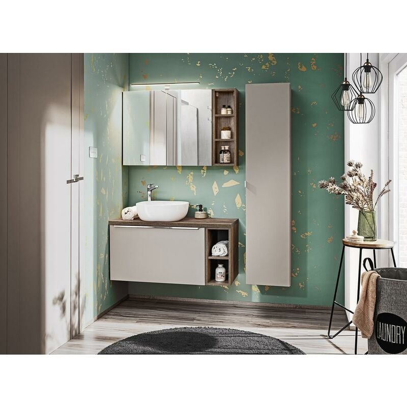 Otitec - Armoire de salle de bain avec miroir murale - Gris galet - L60-H65-P17 - klaus - Gris galet (taupe)