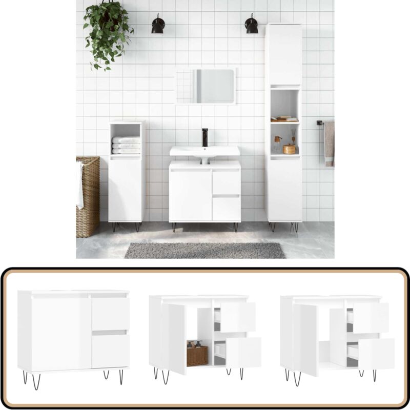 Armoire de salle de bain blanc brillant 65x33x60 cm - Meuble De Salle De Bain - Armoire De Salle De Bain - Rangement Salle De Bain - Commode Salle De