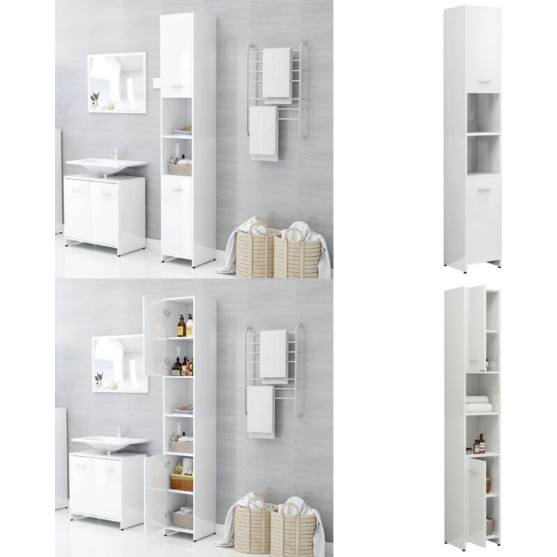 Armoire de salle de bain Blanc brillant Bois d'ingénierie - Meuble De Salle De Bain - Armoire De Salle De Bain - Rangement Salle De Bain - Meuble