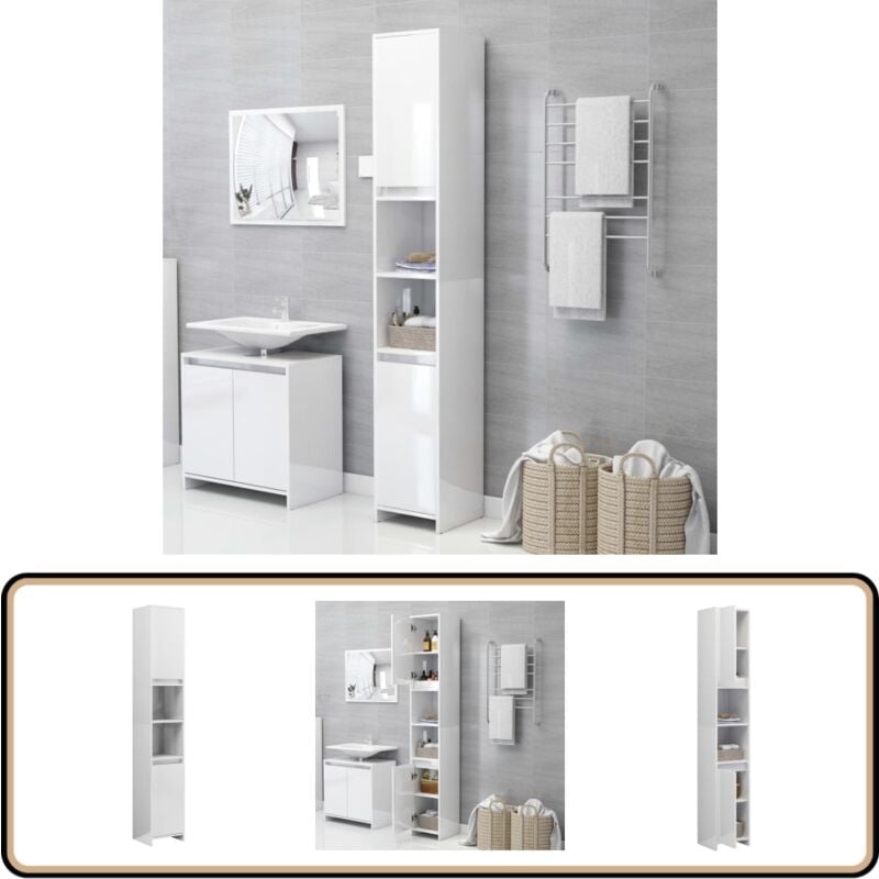 Armoire de salle de bain Blanc brillant Bois d'ingénierie - Meuble De Salle De Bain - Armoire De Salle De Bain - Rangement Salle De Bain - Meuble