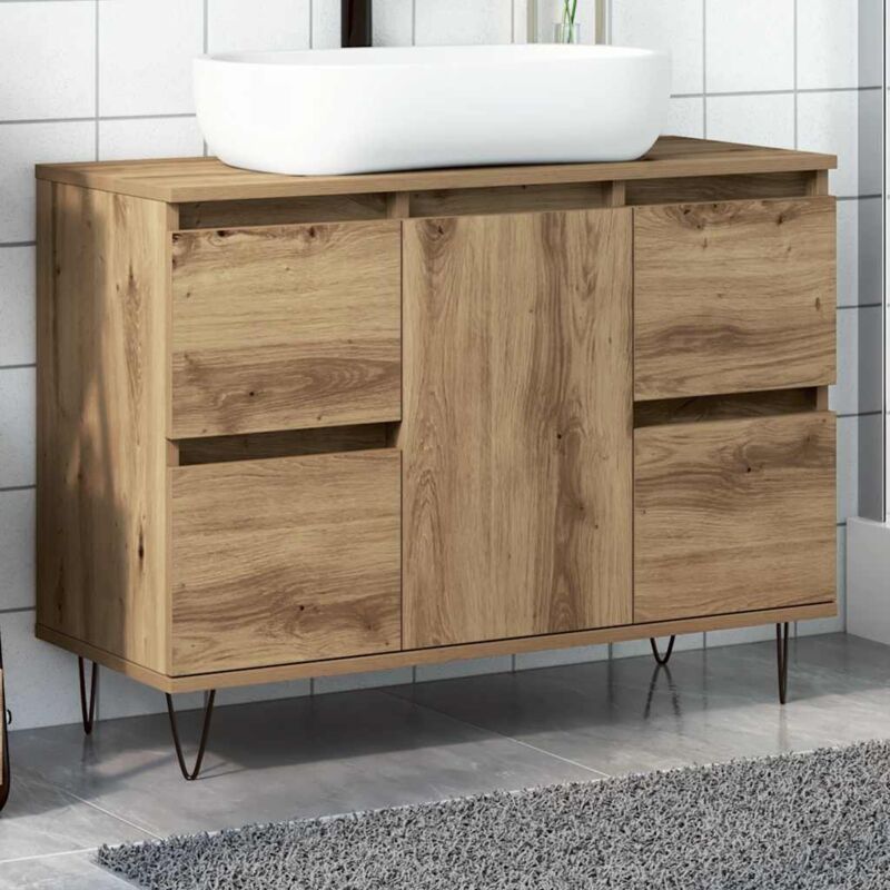 Torana – Armoire murale de salle de bain chêne artisanal – 80 x 33 x 60 cm – 1 compartiment avec 4 tiroirs – Pieds en fer pour stabilité