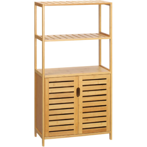 Armoire de salle de bain, commode de salle de bain avec portes à persiennes, étagère de salle de bain, bois de bambou, bois naturel