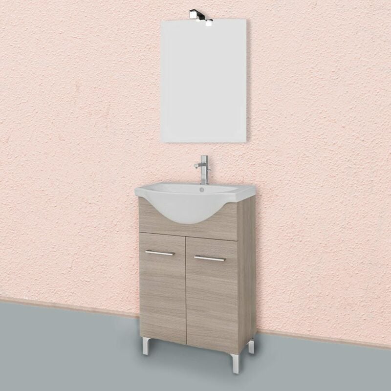 Armoire De Salle De Bain De 55 Cm Avec Pieds Avec Deux Portes En Chêne Fumé Rimini