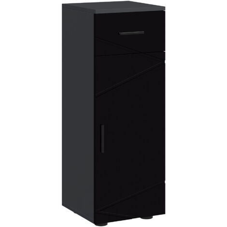 Armoire de salle de bain en aggloméré noir et gris, 30x30x82 cm, avec tiroir et étagère réglable à 2 niveaux, rangement mural moderne, meuble compact pour petite salle d’eau.