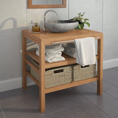 Armoire de salle de bain en teck solide avec lavabos en pierre de rivière de différentes taille