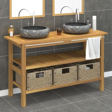 Armoire de salle de bain et lavabos en marbre noir Teck massif vidaXL