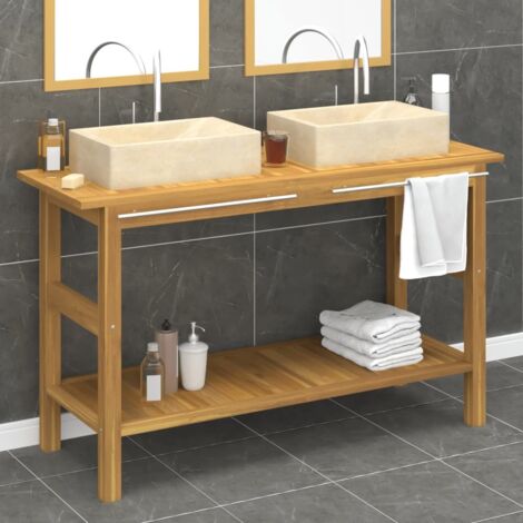 Armoire de salle de bain et lavabos  Meuble bas de salle de bain en marbre crème Teck massif 59880