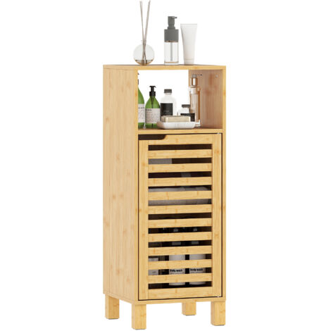 Armoire de salle de bain, étagère ouverte, placard, bois de bambou, porte à persiennes, marron clair