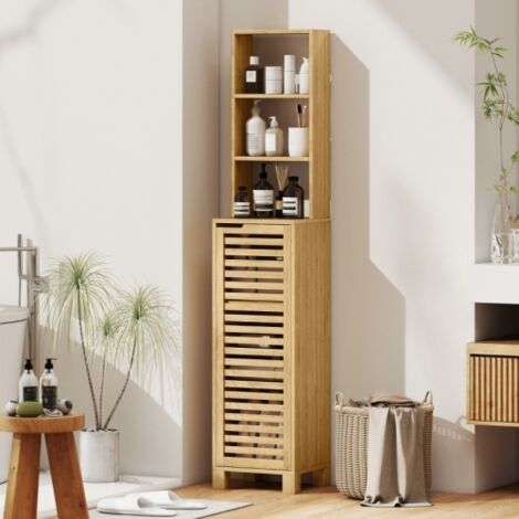 Armoire de salle de bain étroite, armoire haute à 3 étagères ouvertes et réglables, porte à lattes, 34 x 30 x 170 cm, naturelle