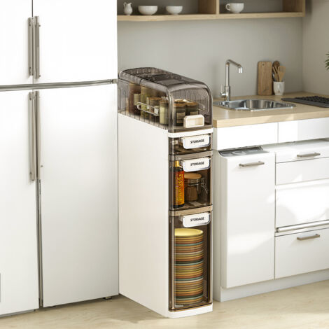 Armoire de Salle de Bain étroite et étanche en Plastique à 4 Niveaux avec roulettes, tiroirs et Porte-Papier Toilette autoportante pour Salle de Bain, Salon, Cuisine