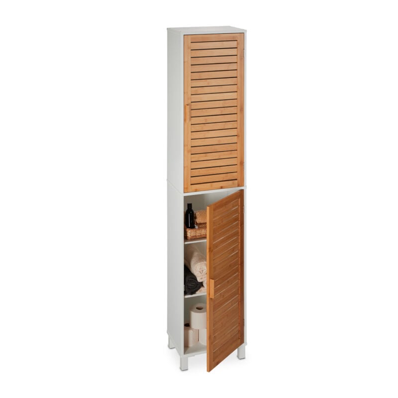 Armoire de salle de bain, h x l x p : 190x40x30 cm, 6 compartiments, mdf & bambou, meuble haut, blanc - nature - Relaxdays