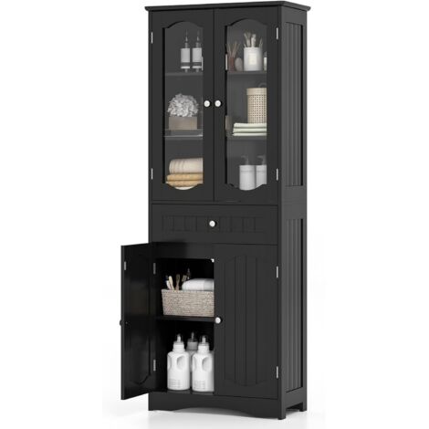 Armoire de salle de bain haute, colonne avec étagère réglable, porte vitrée, meuble de rangement pour salon, cuisine, toilettes, 60 x 30 x 160 cm (gris)