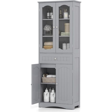 Armoire de salle de bain haute, colonne avec étagère réglable, porte vitrée, meuble de rangement pour salon, cuisine, toilettes, 60 x 30 x 160 cm (gris)