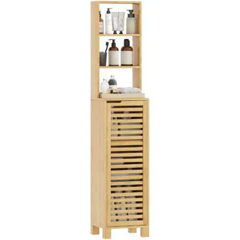 Armoire de salle de bain haute en bambou 170 cm avec 3 étagères et porte à lames
