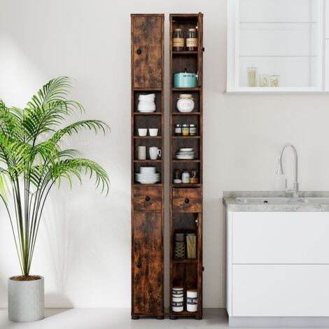 Armoire de Salle de Bain Haute et Mince Meuble Colonne avec 1 Tiroir Placard à Étagères Ajustables Café