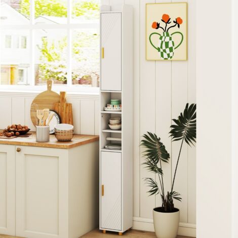 Armoire de Salle de Bain Haute Organiseur Étroit avec 2 Portes et Étagères Réglables Porte-papier Toilette et Crochet Latéral Blanc