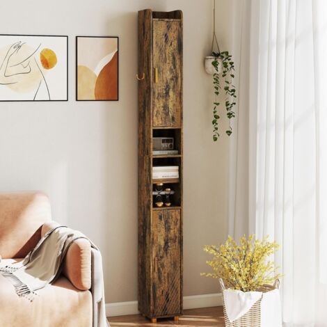 Armoire de Salle de Bain Haute Organiseur Étroit avec 2 Portes et Étagères Réglables Porte-papier Toilette et Crochet Latéral Café